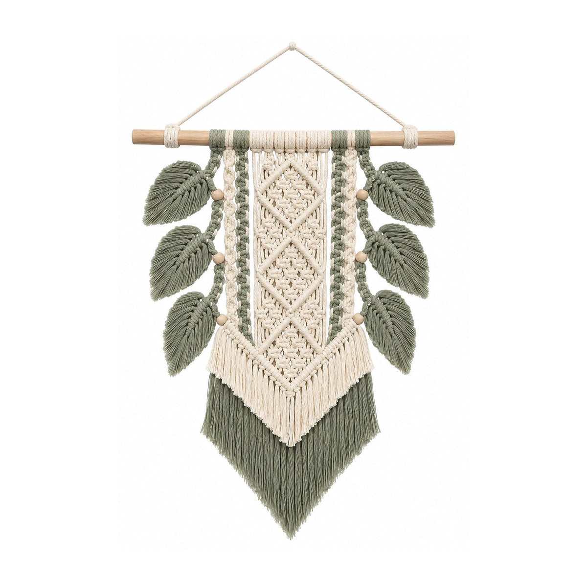 Sage and ivory leaf cotton macrame wall hanging with botanical side details