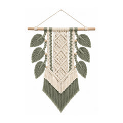 Sage and ivory leaf cotton macrame wall hanging with botanical side details
