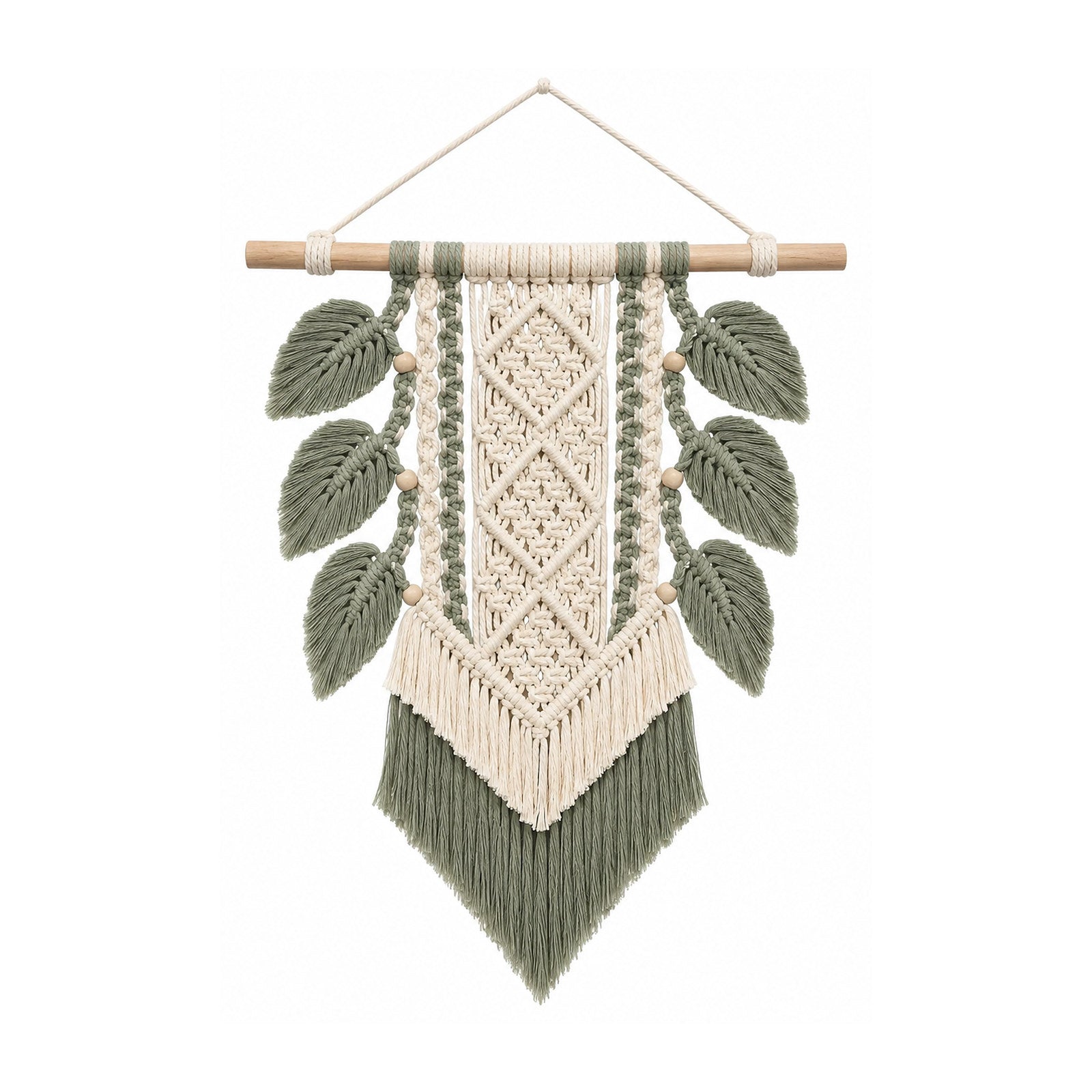 Sage and ivory leaf cotton macrame wall hanging with botanical side details