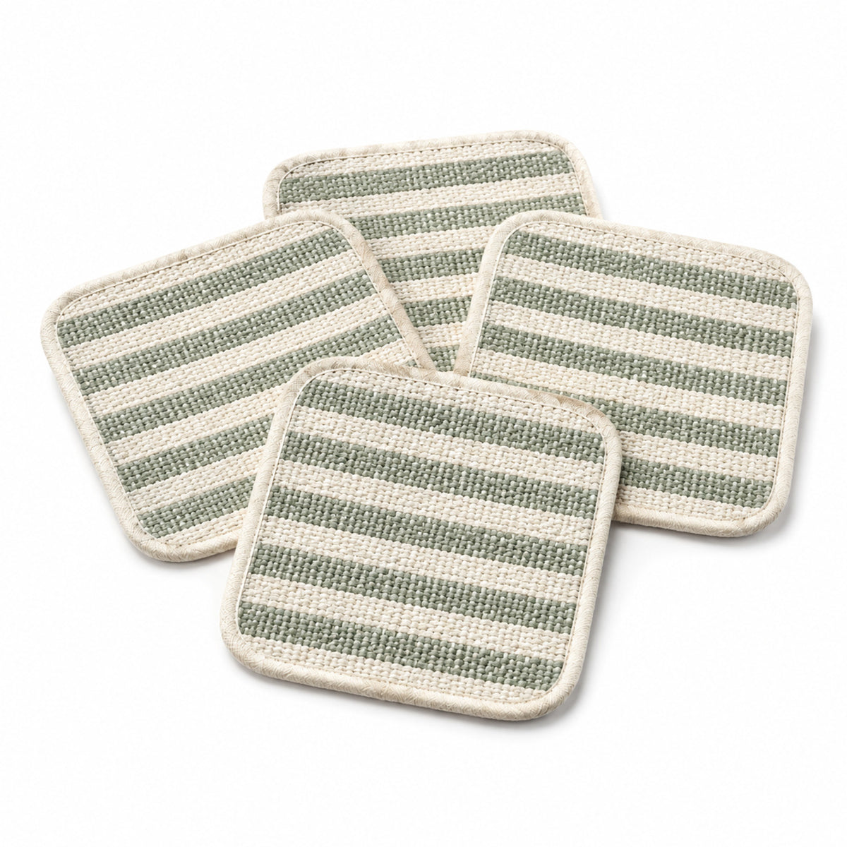 Sage and ivory striped coaster set on a clean white background