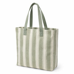 Sage green and ivory vertical striped cotton tote bag with sage handles on a white background.