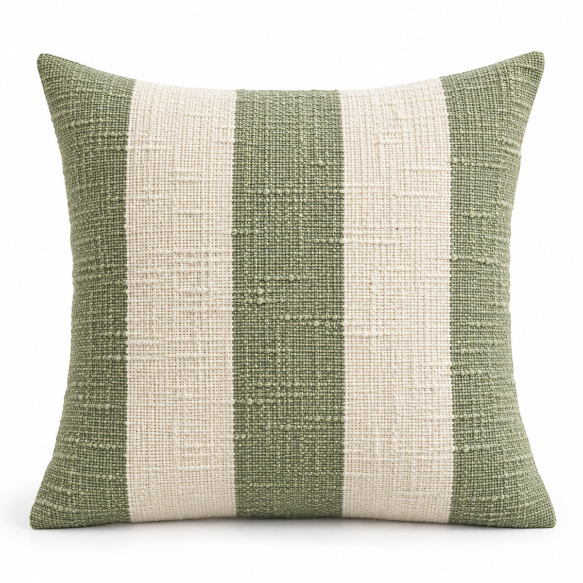 Sage green and ivory decorative cushion with wide vertical stripes