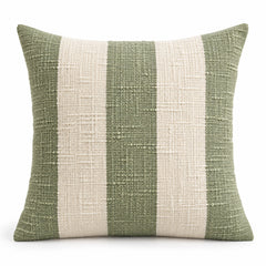 Sage green and ivory decorative cushion with wide vertical stripes