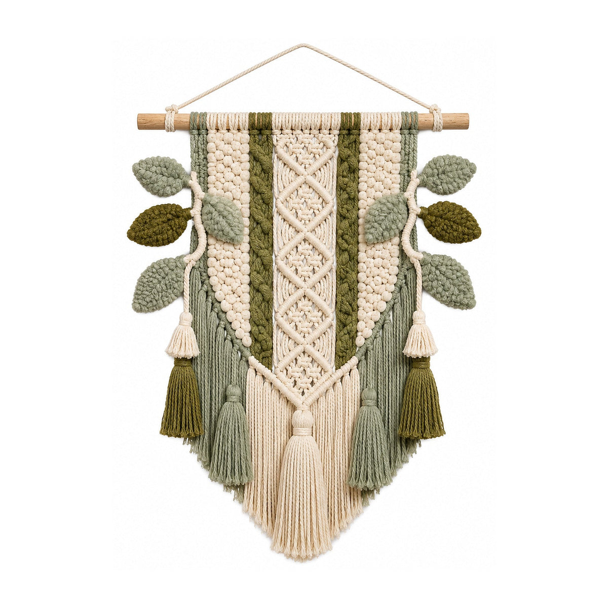 Sage olive and ivory botanical cotton macrame wall hanging with layered leaves and tassels