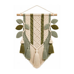 Sage olive and ivory botanical cotton macrame wall hanging with layered leaves and tassels