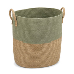 Primeval sage green and natural jute laundry basket with loop handles on a white background