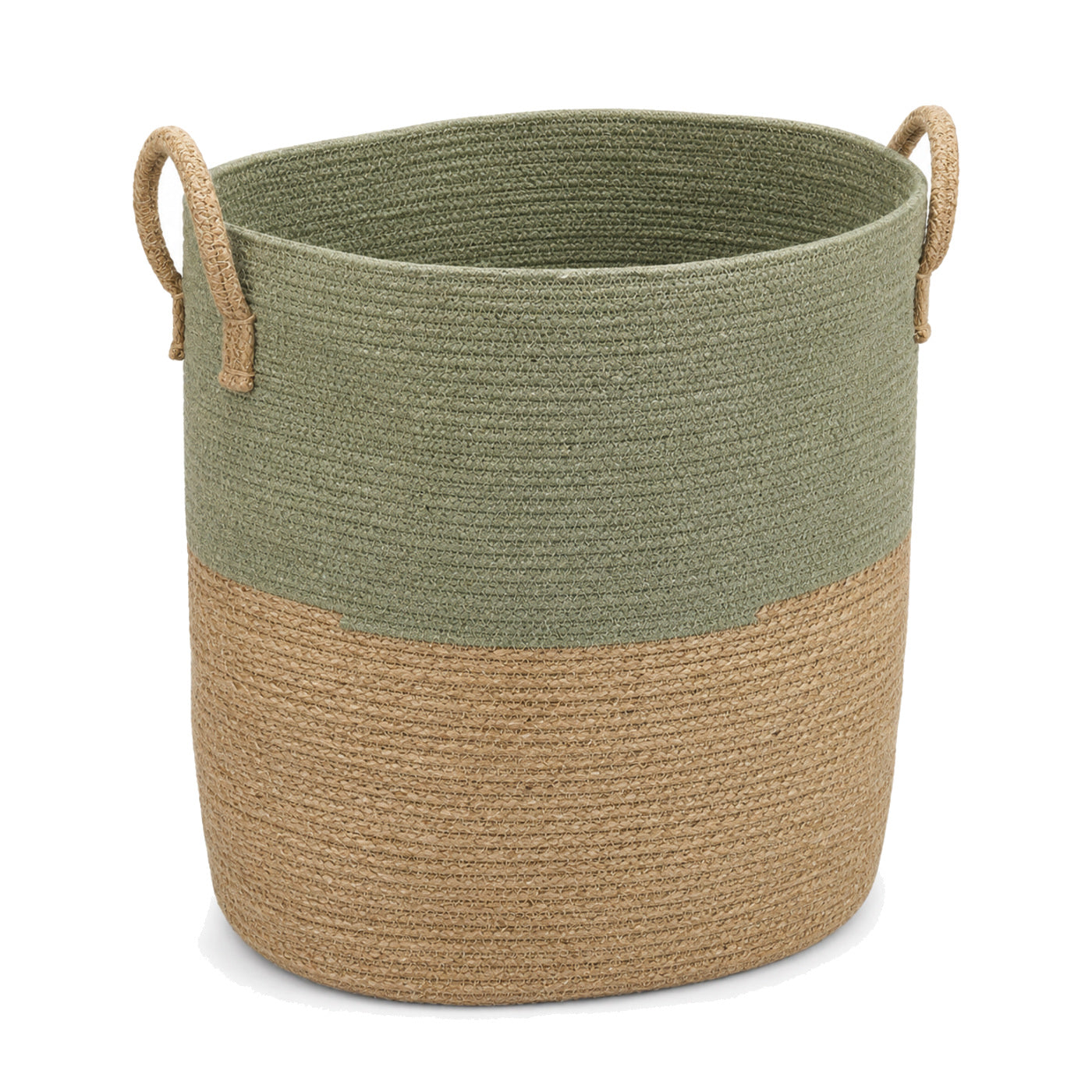 Primeval sage green and natural jute laundry basket with loop handles on a white background