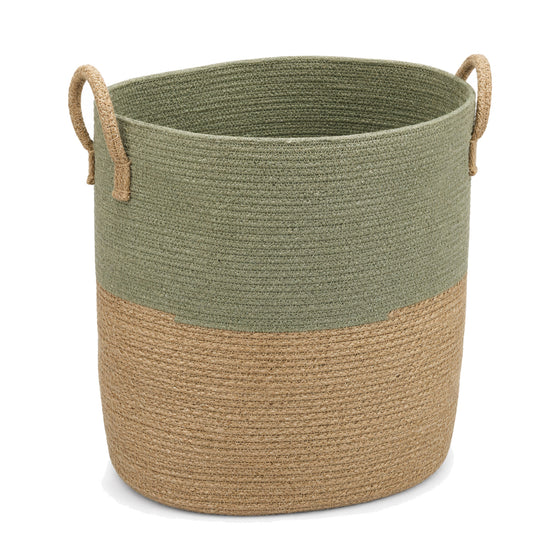 Primeval sage green and natural jute laundry basket with loop handles on a white background