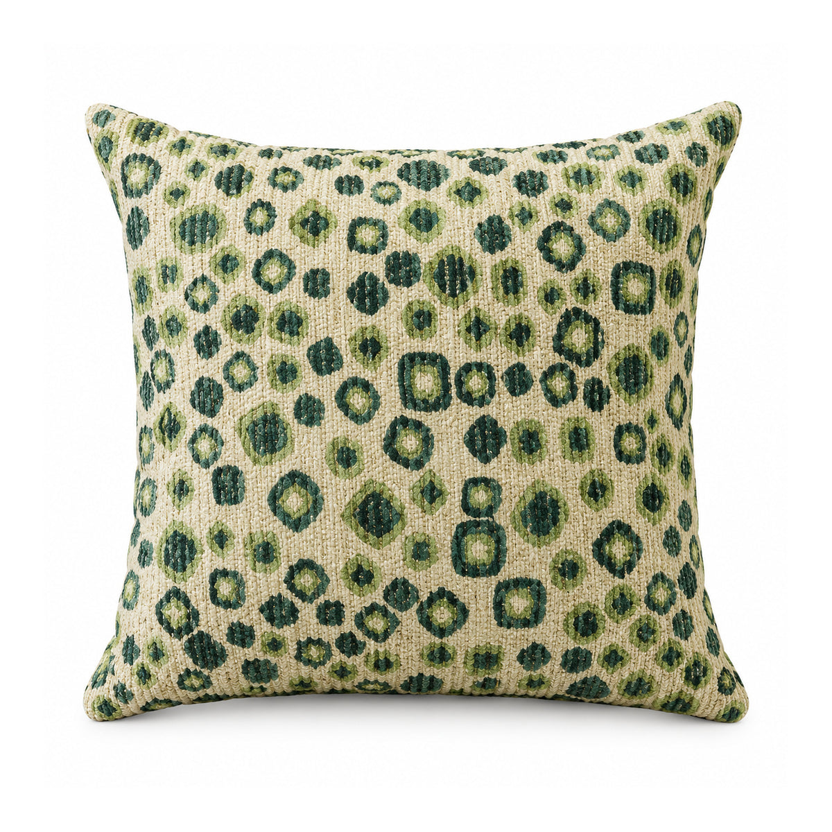 Primeval sage and olive green cushion cover with animal-inspired leopard spots on a cream ground