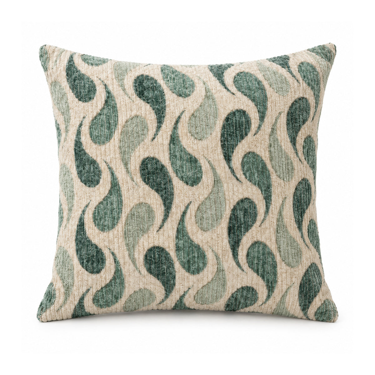 Primeval sage olive and deep teal cushion with repeating curved S-wave motifs on a pale neutral background
