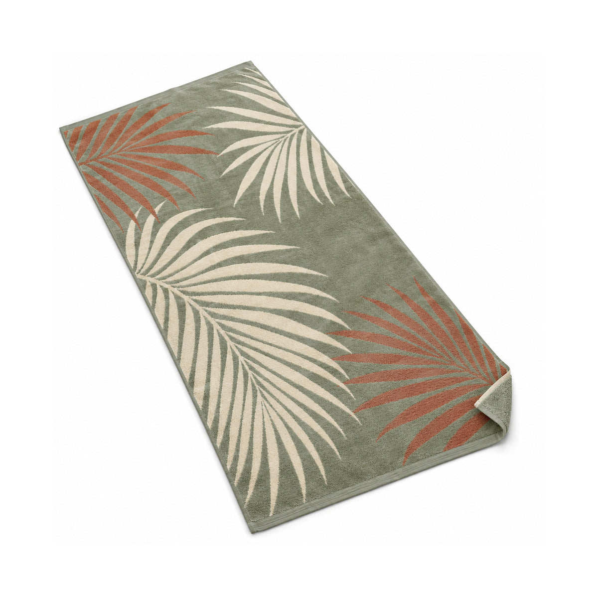 Sage green beach towel with cream and terracotta palm leaf print.