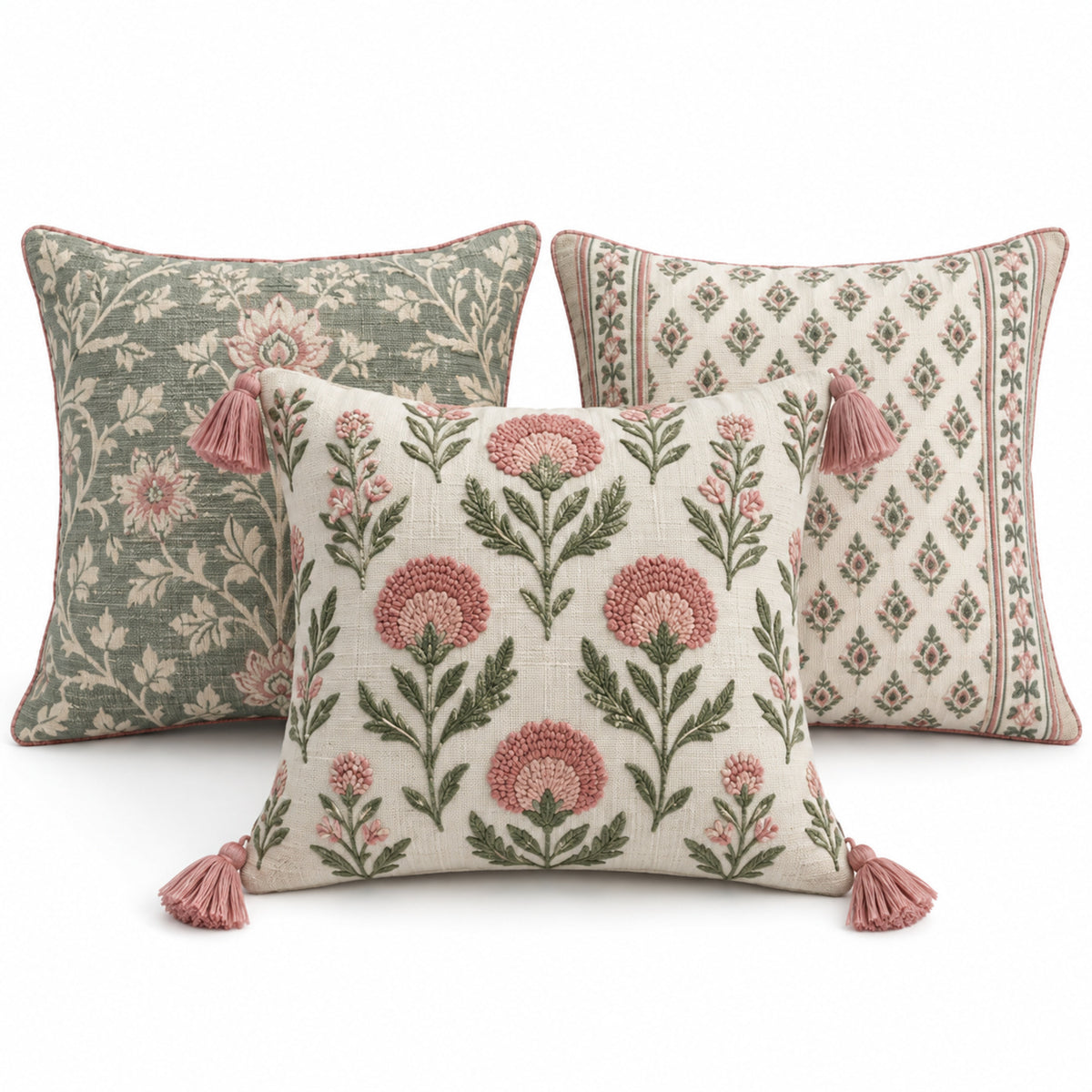 Assorted decorative cushion set with sage pink and ivory botanical patterns and tassel details