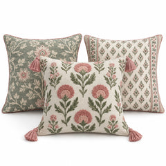 Assorted decorative cushion set with sage pink and ivory botanical patterns and tassel details