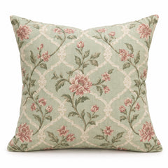 Sage decorative cushion with pink floral vines and soft trellis pattern