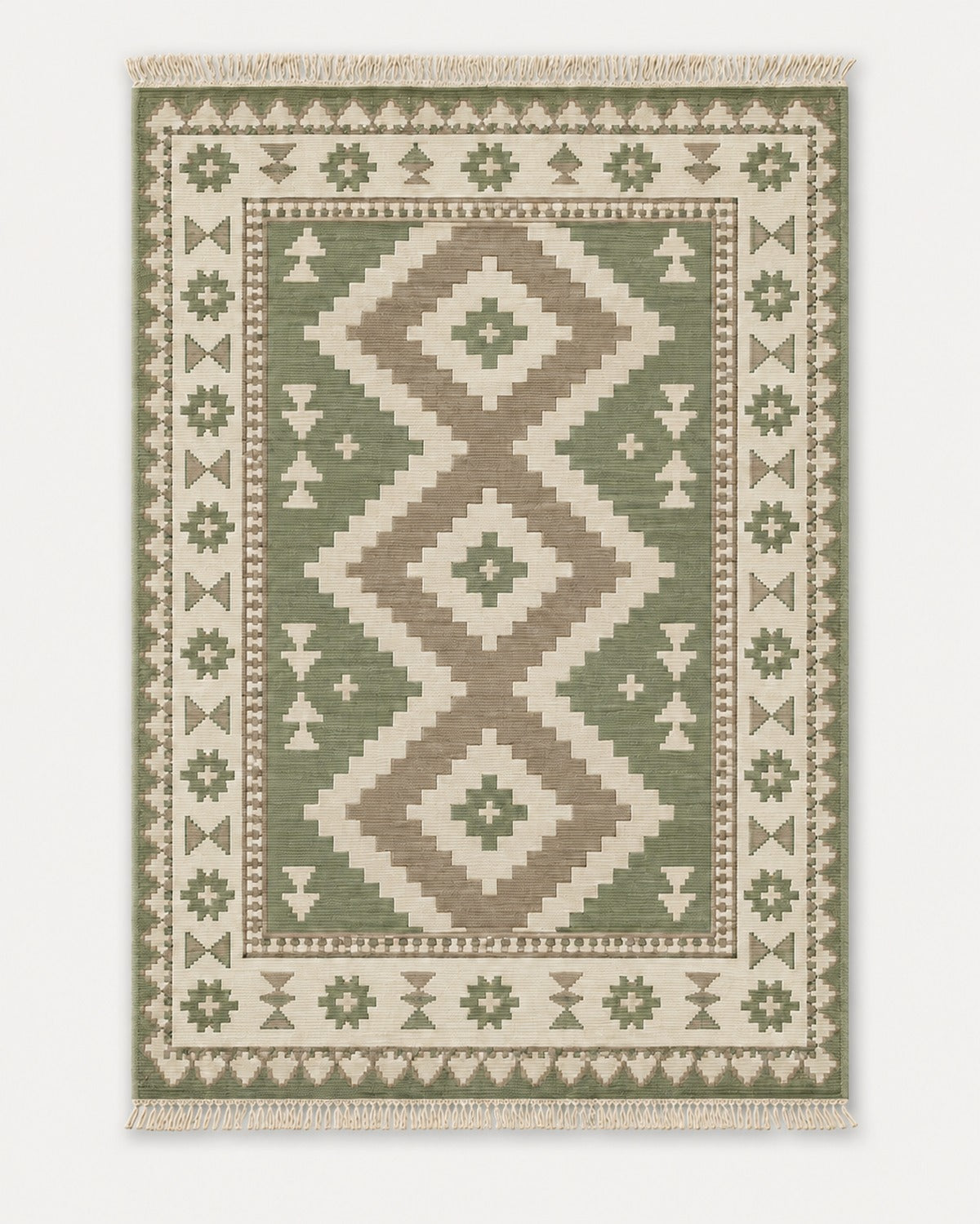 Sage green taupe and ivory diamond kilim rug with fringe for neutral modern home decor collections