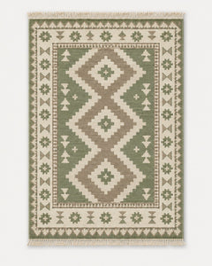 Sage green taupe and ivory diamond kilim rug with fringe for neutral modern home decor collections