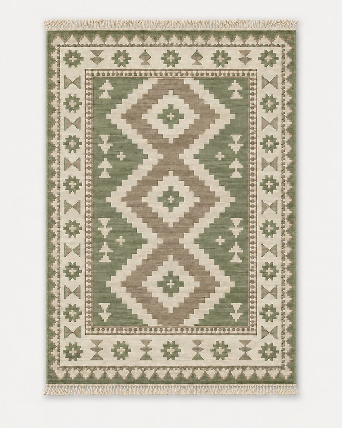 Sage green taupe and ivory diamond kilim rug with fringe for neutral modern home decor collections
