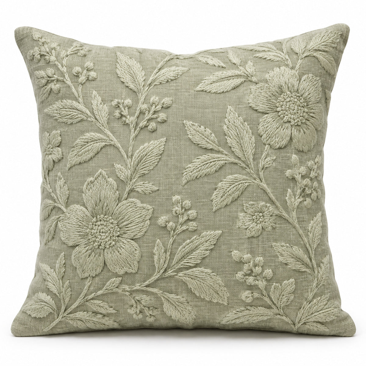 Sage Green Floral Machine Embroidered Cushion Cover 45x45 cm – Elegant Botanical Design