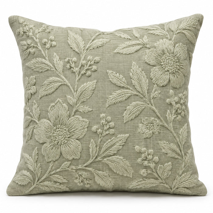 Sage Green Floral Machine Embroidered Cushion Cover 45x45 cm – Elegant Botanical Design