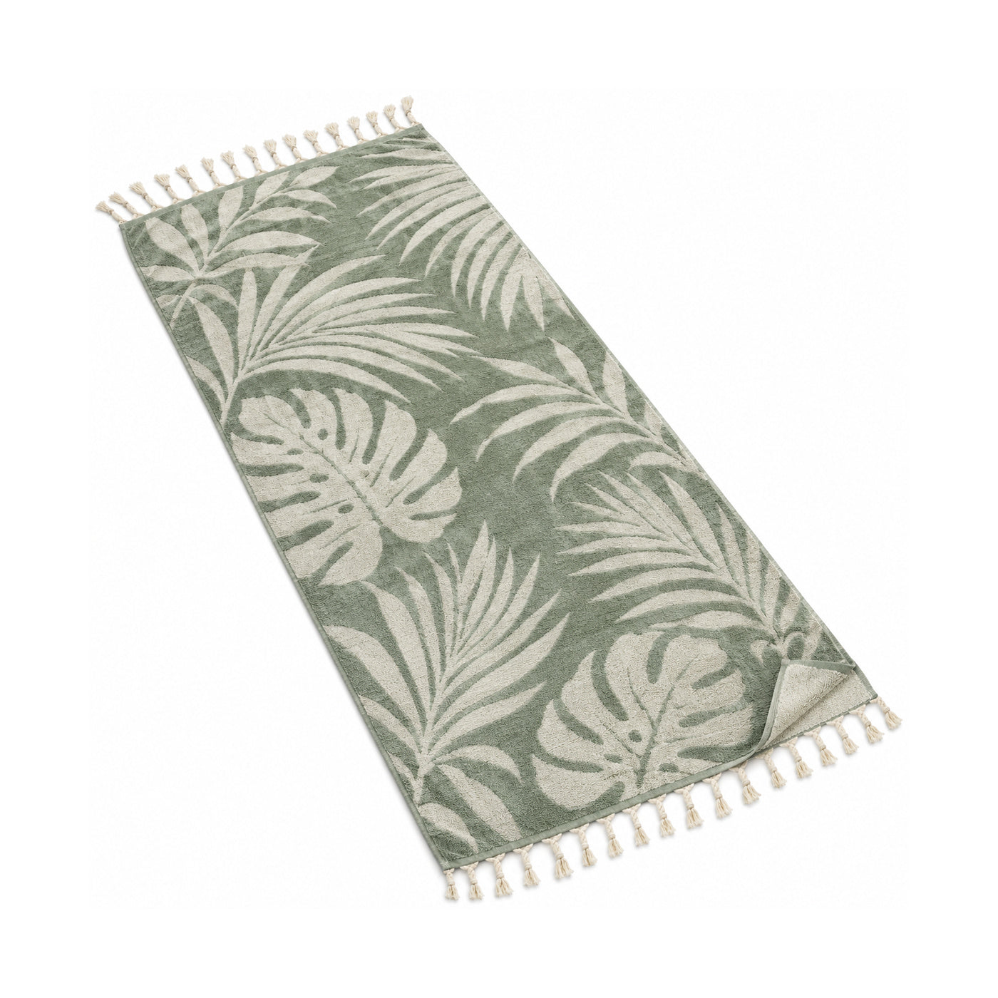 Sage tropical monstera fringed beach towel with a botanical leaf pattern.