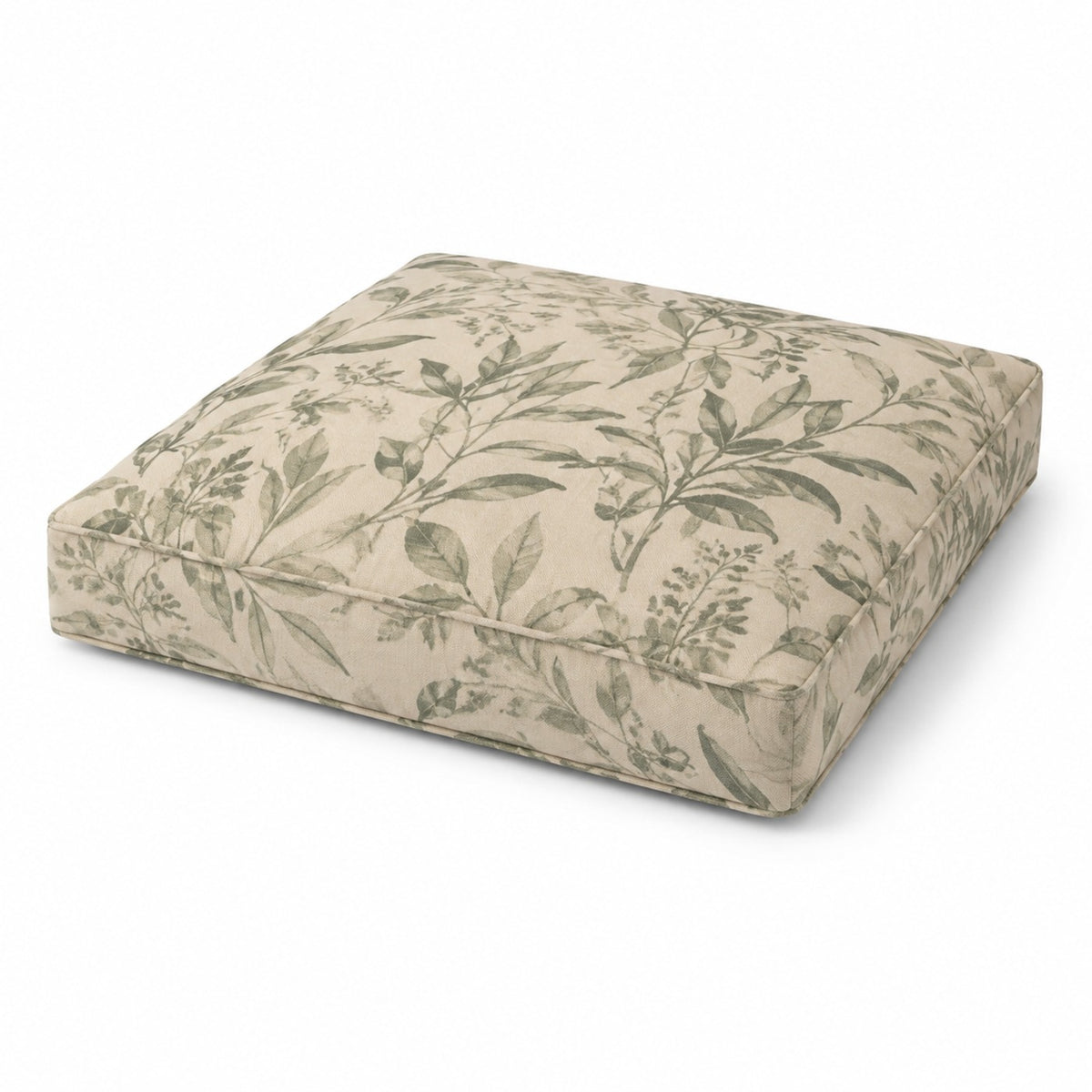 Natural square floor cushion with sage vine botanical print on white background