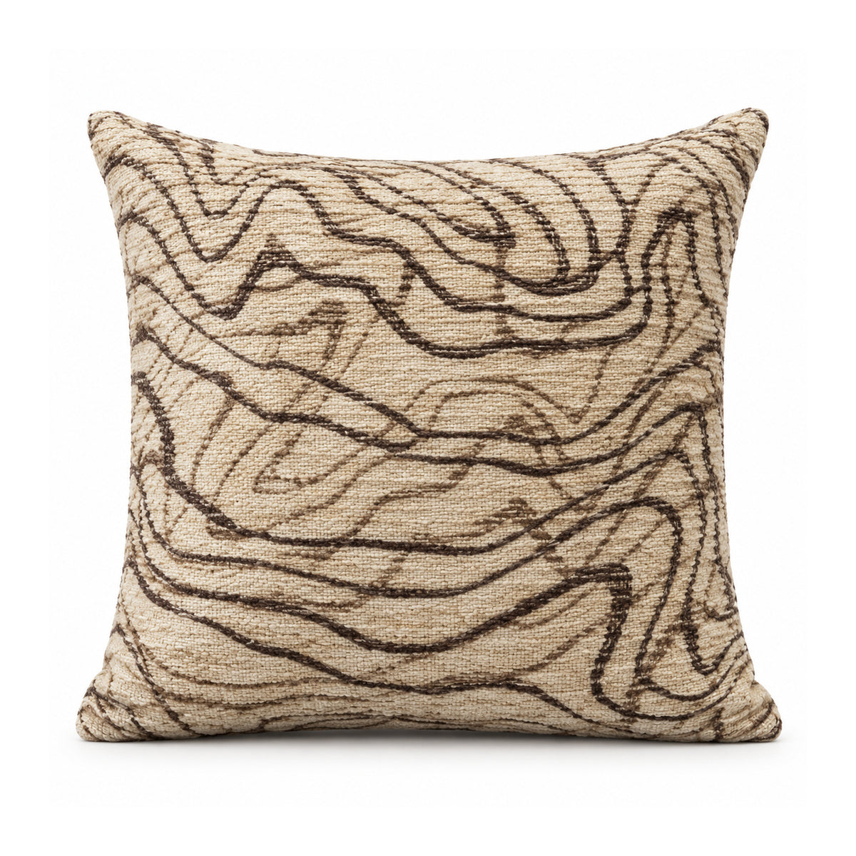 Primeval sand beige cushion with espresso brown free-flowing abstract topographic contour lines