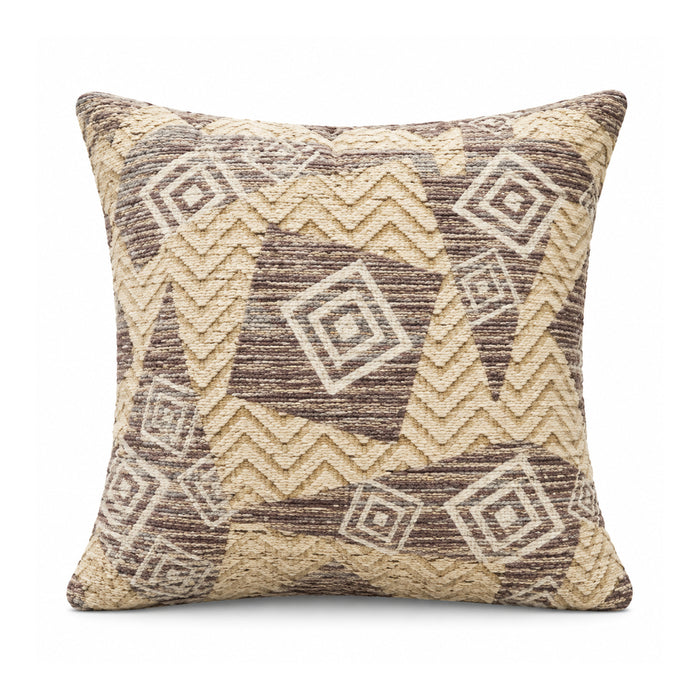Primeval sand beige and taupe decorative cushion cover with interlocking chevrons and diamond geometric shapes
