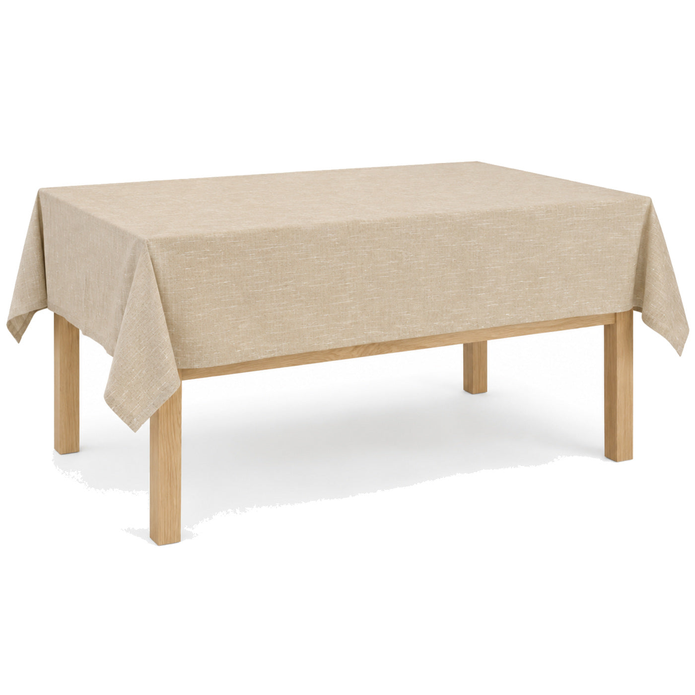 Primeval sand off white textured tablecloth displayed on a rectangular dining table