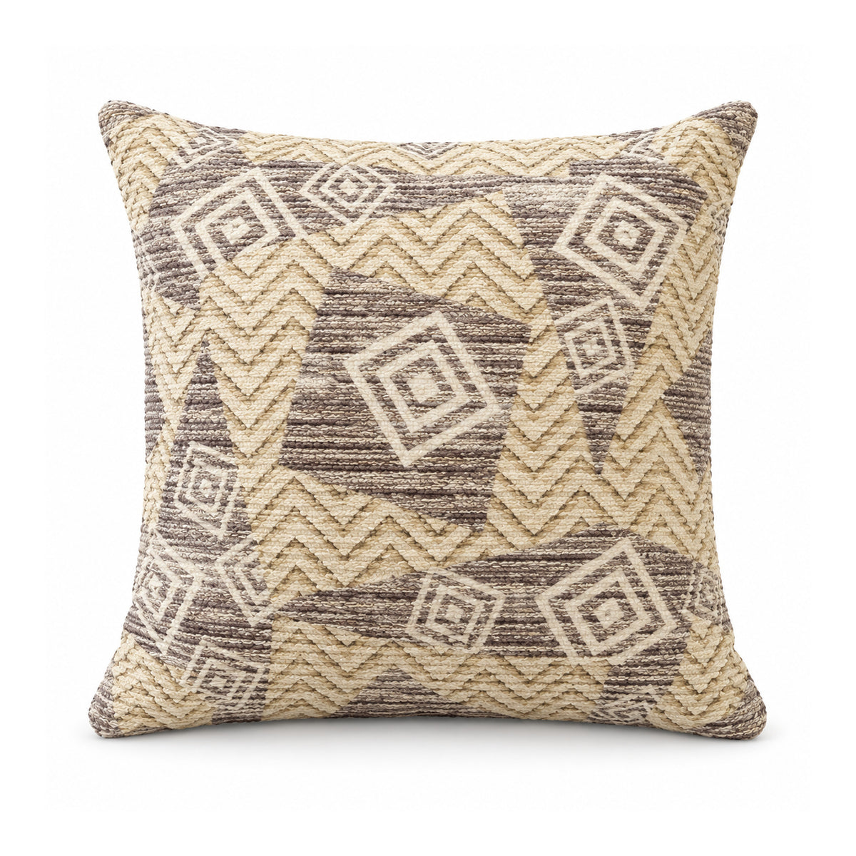 Primeval sand beige and taupe cushion cover with tribal-inspired chevrons and diamond-shaped geometric motifs