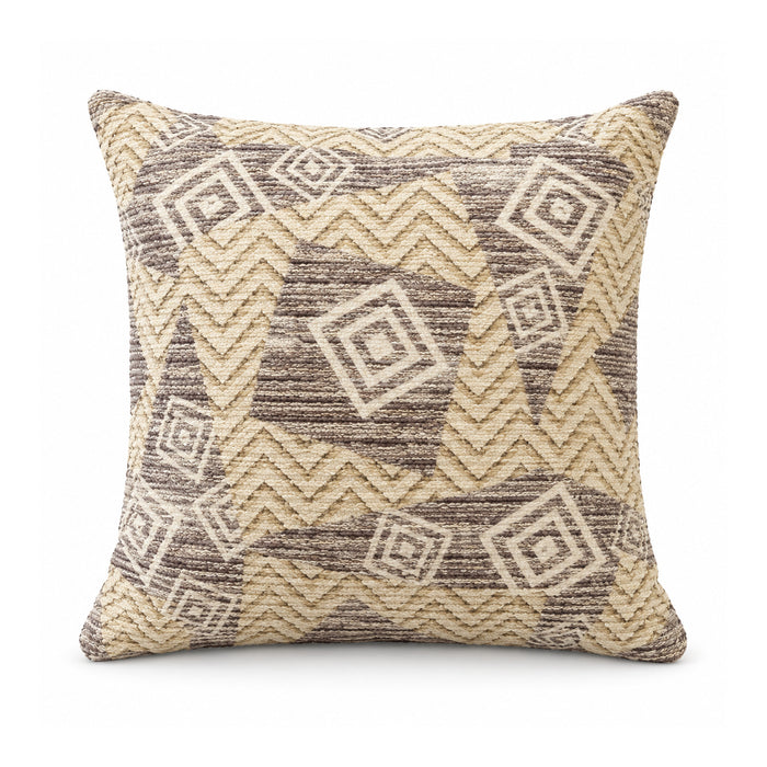 Primeval sand beige and taupe cushion cover with tribal-inspired chevrons and diamond-shaped geometric motifs