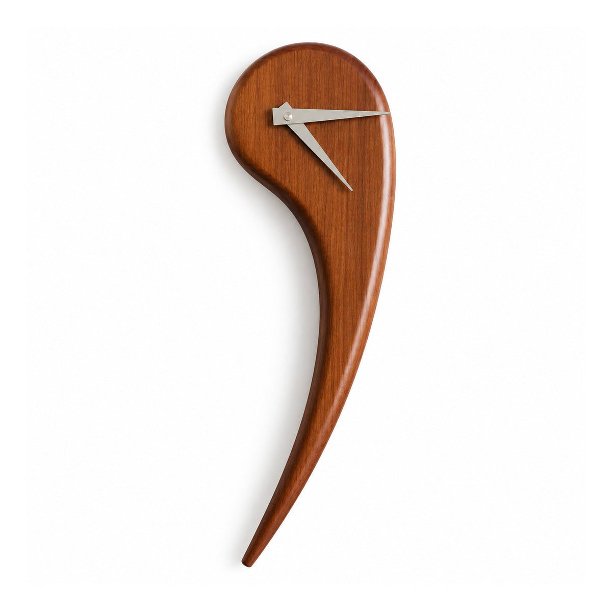 Sculptural asymmetrical teardrop wooden wall clock in dark brown with slim silver-toned clock hands