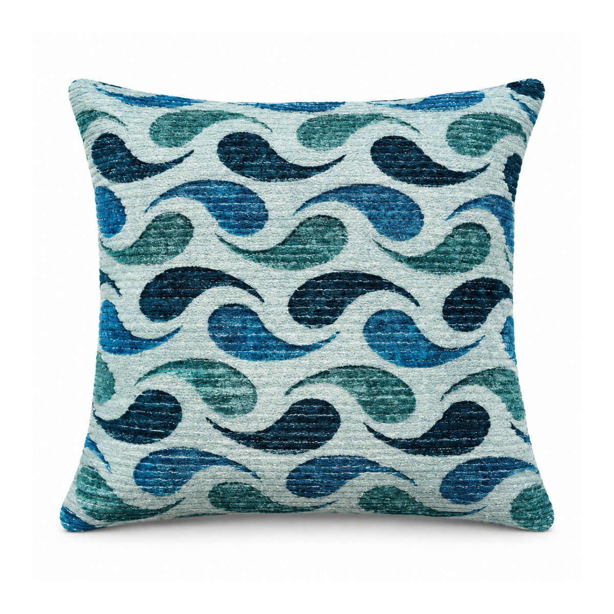 Primeval sea blue, teal and navy decorative cushion cover with layered abstract wave forms