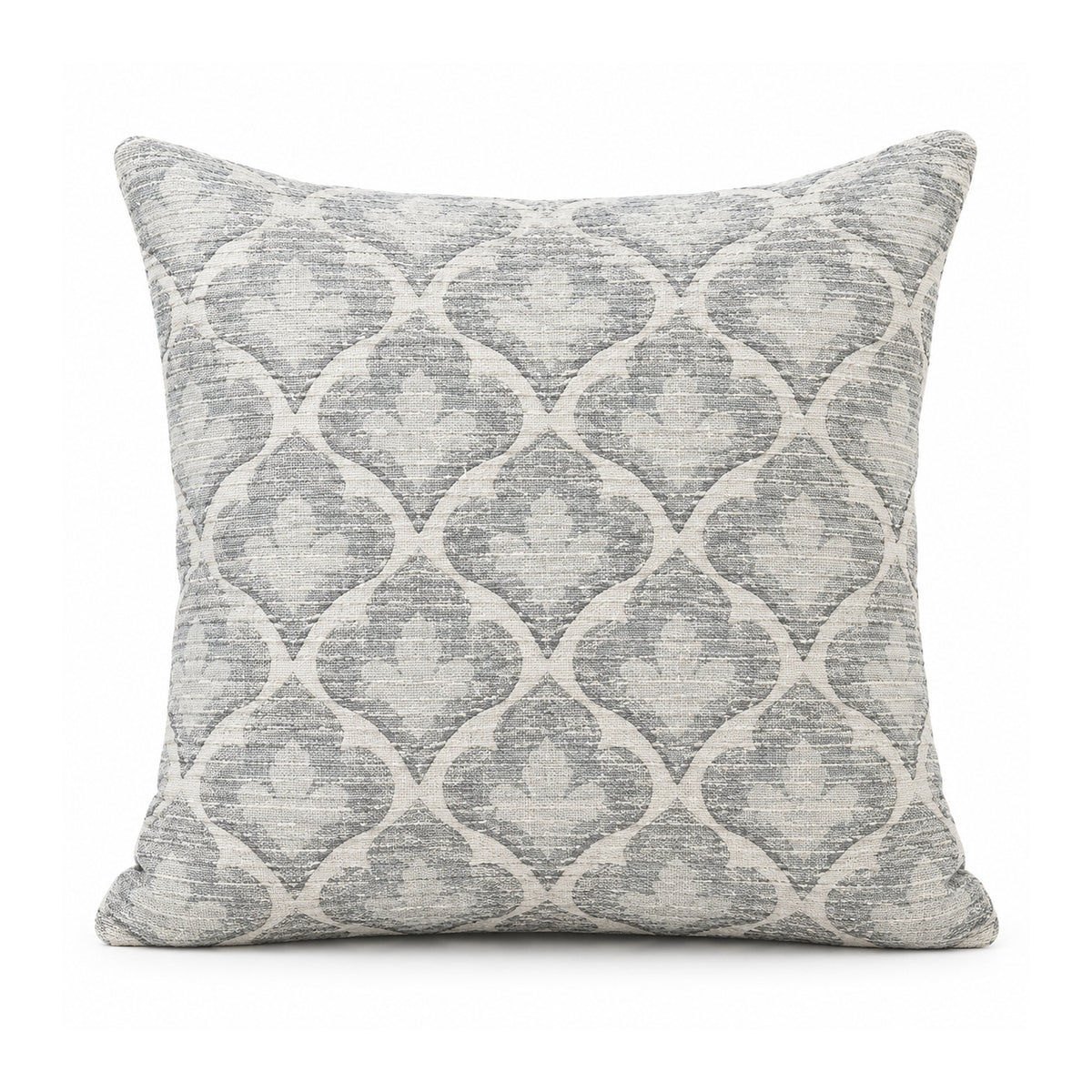 Primeval silver grey and ivory cushion with a repeating Moroccan-inspired quatrefoil trellis motif, shown on a clean white background
