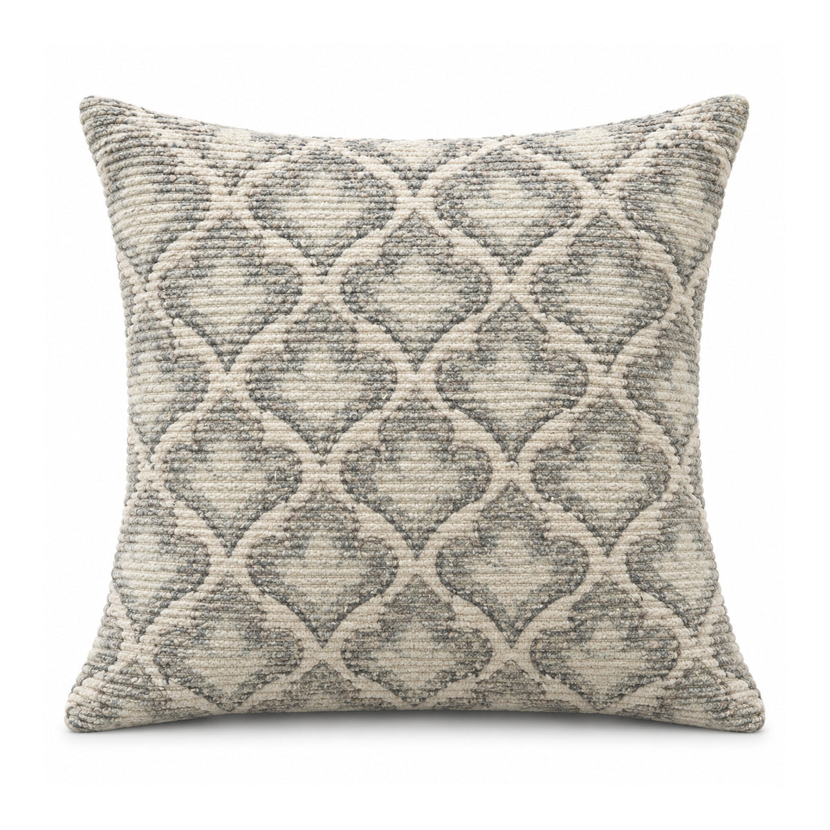 Primeval silver grey and ivory cushion cover with repeating quatrefoil-inspired Moroccan trellis pattern