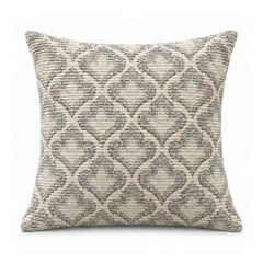 Primeval silver grey and ivory cushion cover with repeating quatrefoil-inspired Moroccan trellis pattern