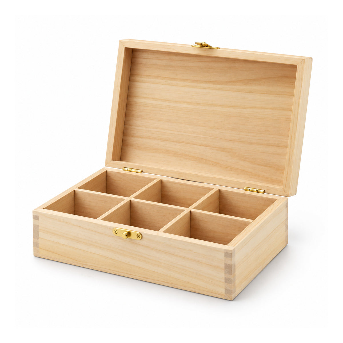 Open pale natural-wood jewelry organizer with hinged lid, centered small brass-tone clasp and six divided square compartments