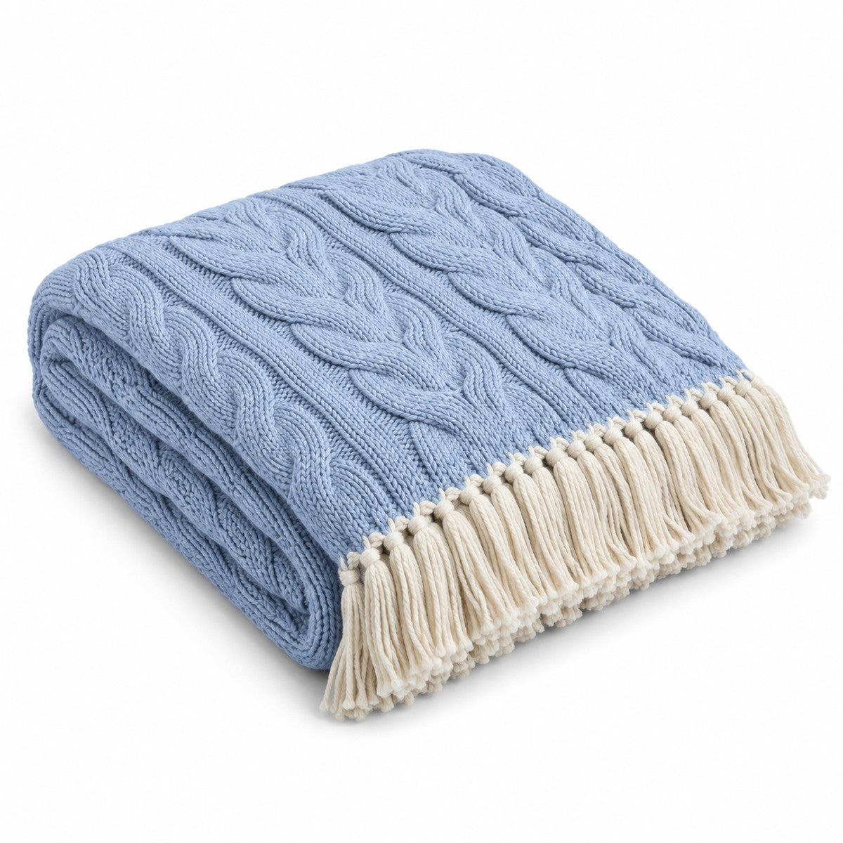 Sky Blue Cable Knit Throw with Cream Fringe - Primeval