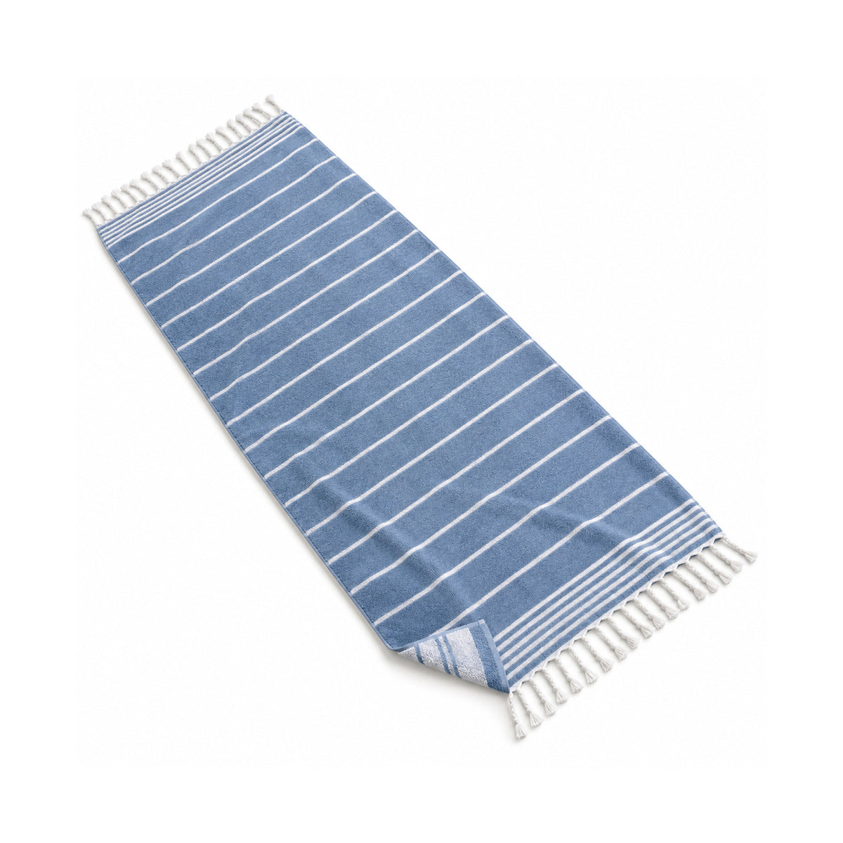 Sky blue beach towel with fine white stripes and fringed ends on a white background.