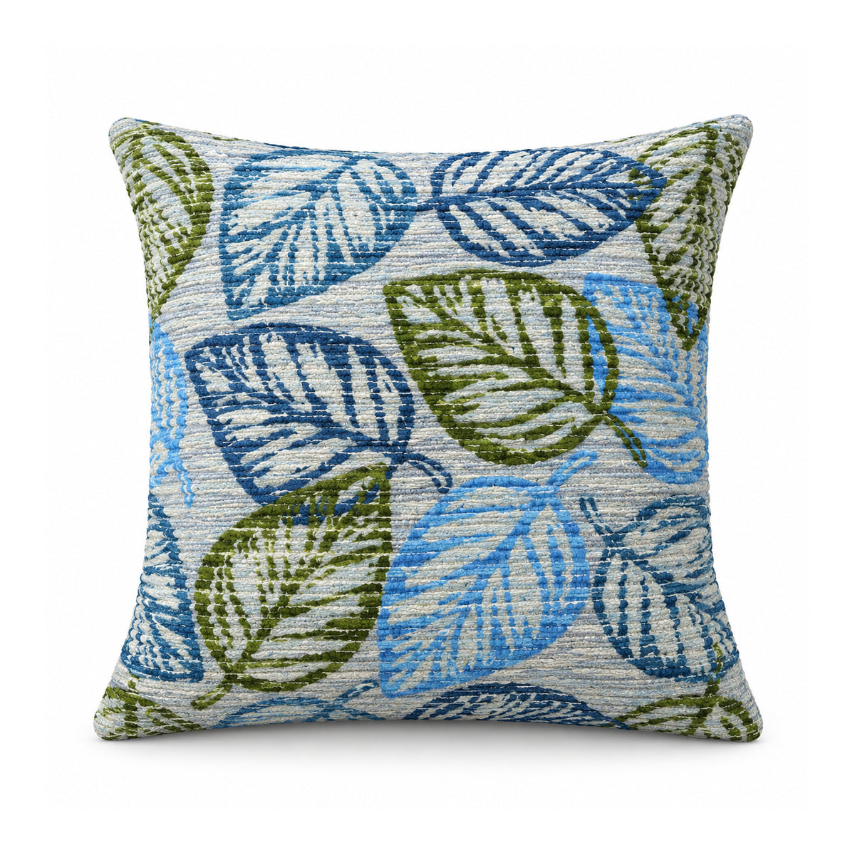 Primeval decorative throw cushion with sky blue and sage green botanical leaves on a light background, shown against a white background