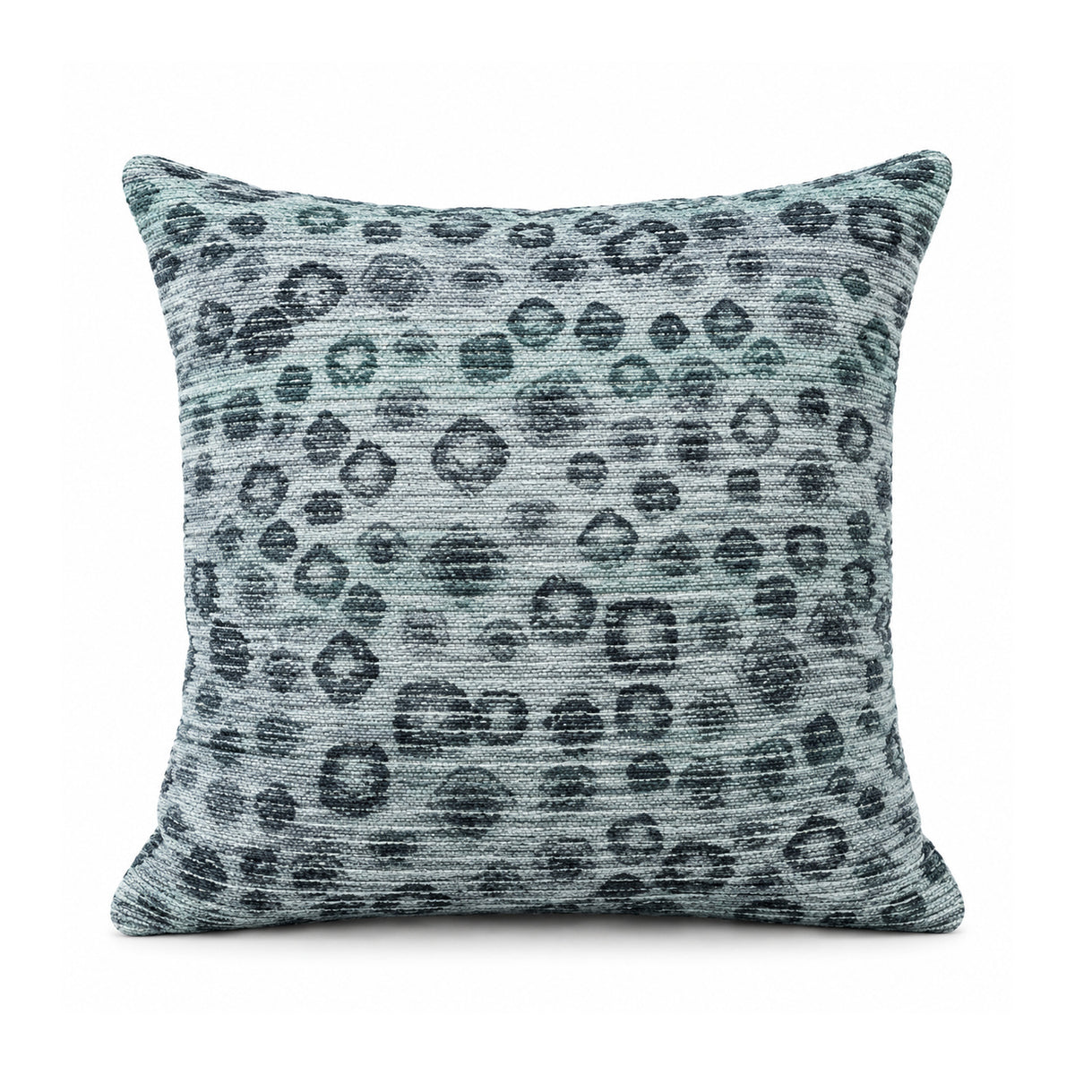 Primeval slate blue and charcoal cushion featuring scattered dark leopard-inspired spots over a faded blue background