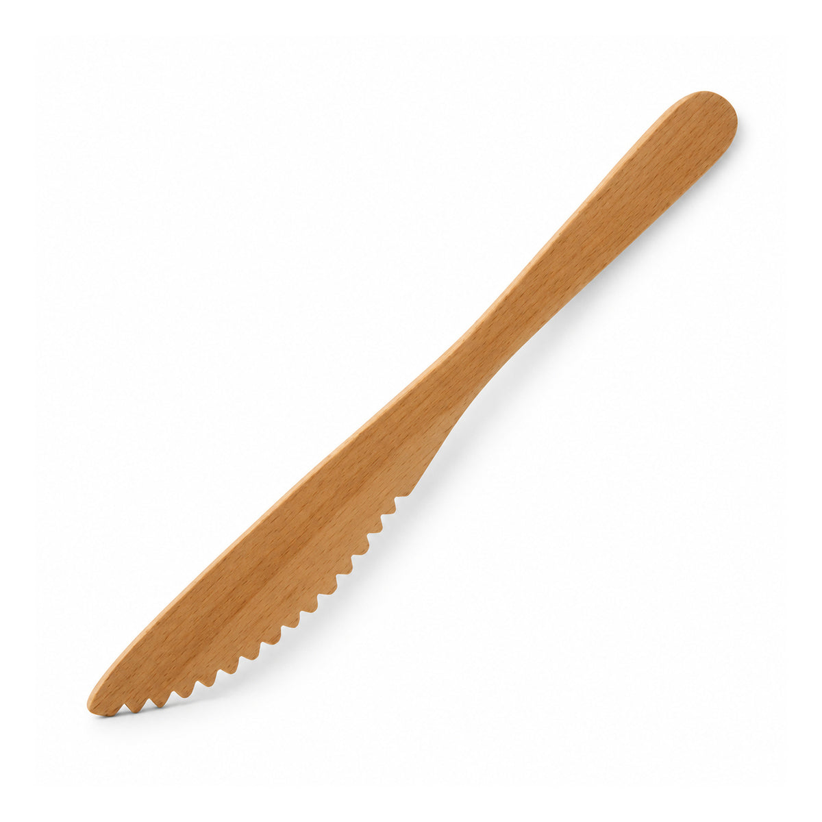 Slim light brown wooden butter knife with rounded handle and fine serrations along one edge of the blade