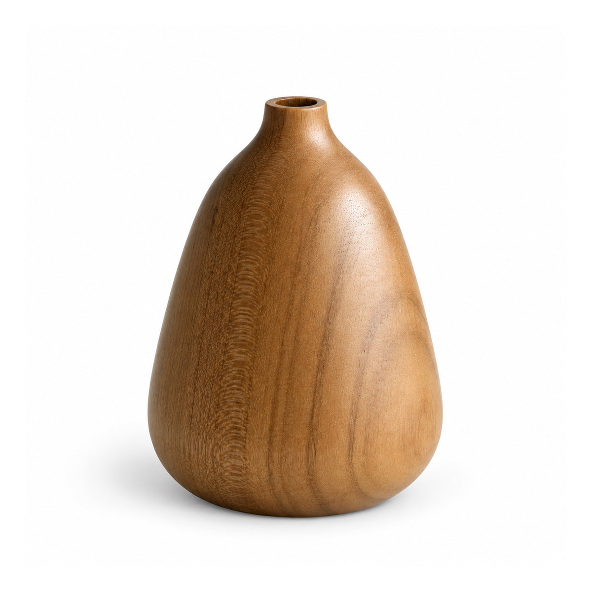 Small teardrop wooden bud vase with narrow neck, small top opening and flowing warm natural grain