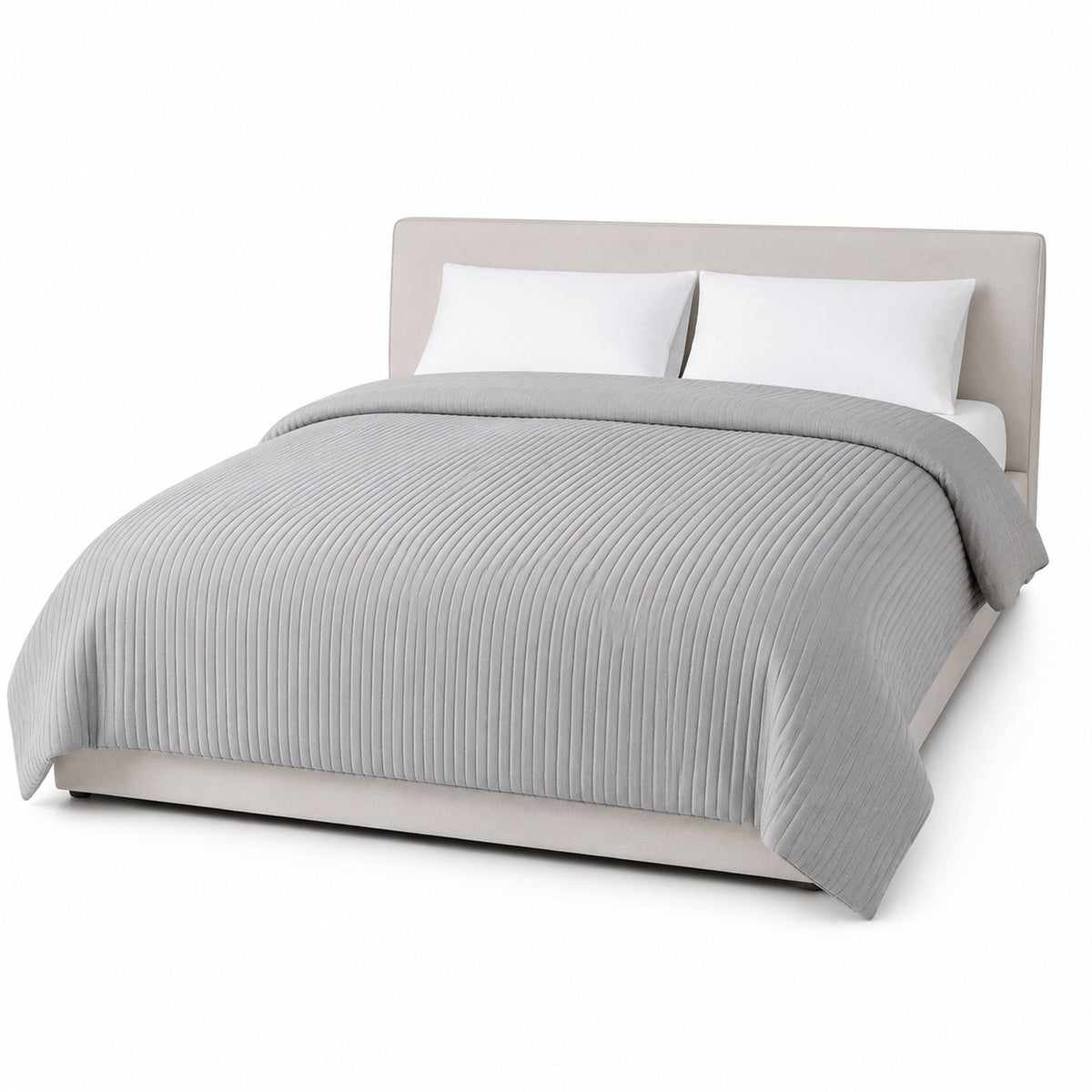 Primeval soft grey ribbed texture duvet cover displayed on a styled bed against a clean white studio background