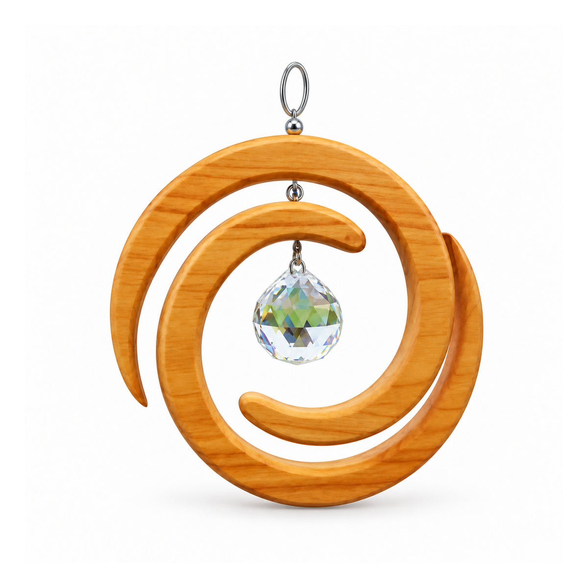 Circular wooden spiral hanging ornament with open carved curls, metal top ring and suspended faceted crystal pendant
