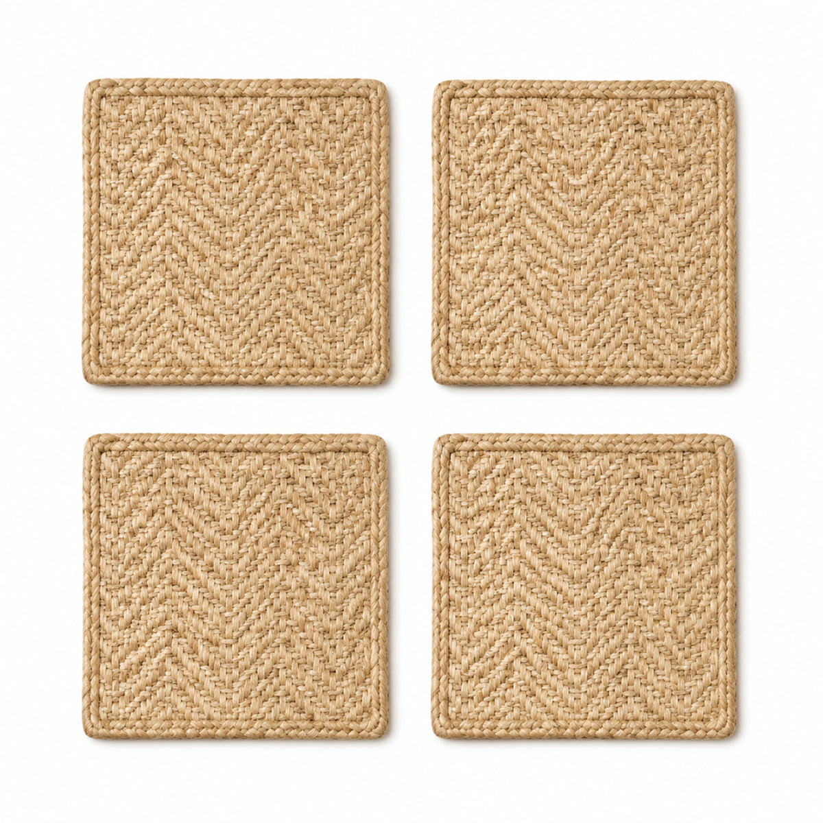 Square herringbone jute coaster set on a clean white background
