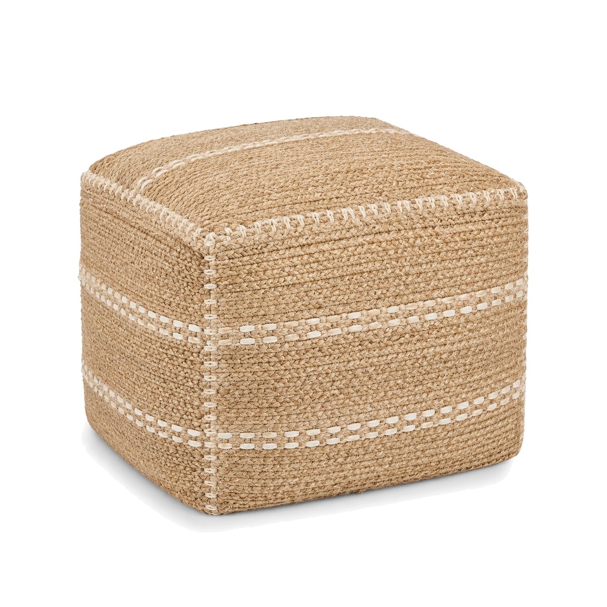 Square natural jute pouf ottoman with ivory handwoven stitch detail