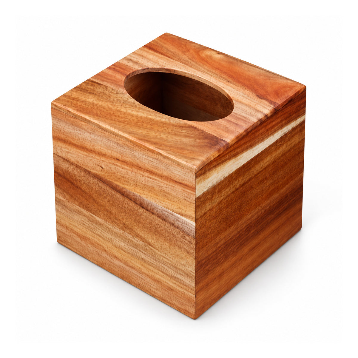 Square wooden tissue box cover with oval top opening and contrasting reddish-brown horizontal wood grain