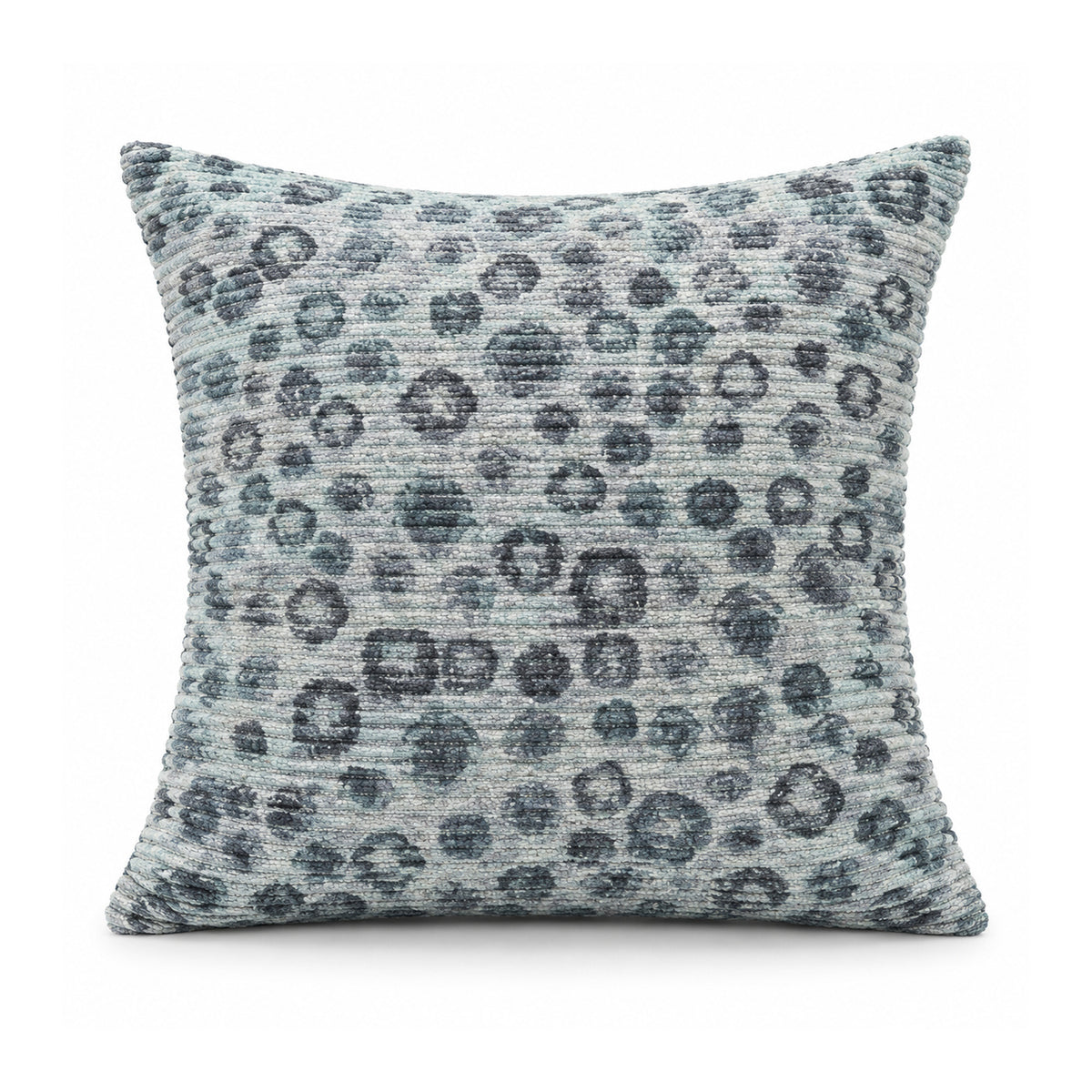 Primeval steel blue and soft grey cushion with irregular charcoal leopard-inspired spots