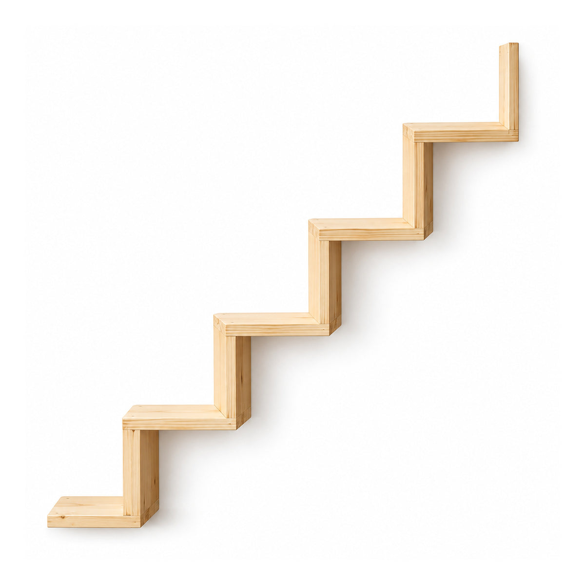 Minimal stepped zigzag wall shelf made from narrow light natural wood planks in ascending staircase shape