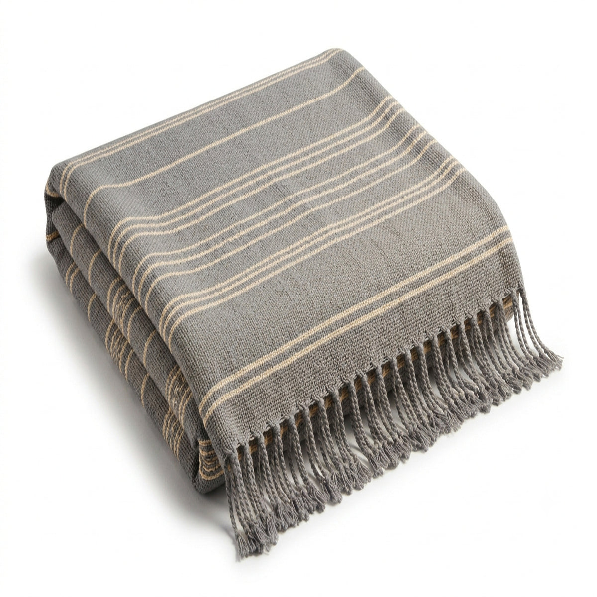 Stone grey and beige multi-stripe woven cotton throw with dark fringe 130×170 cm by Primeval
